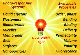 Graphical abstract: Photo-responsive systems and biomaterials: photochromic polymers, light-triggered self-assembly, surface modification, fluorescence modulation and beyond