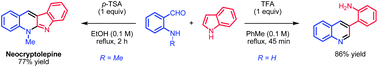 Graphical abstract: Divergent reactions of indoles with aminobenzaldehydes: indole ring-opening vs. annulation and facile synthesis of neocryptolepine