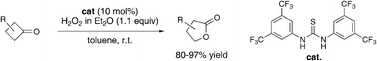 Graphical abstract: A new environmentally friendly method for the Baeyer–Villiger oxidation of cyclobutanones catalyzed by thioureas using H2O2 as an oxidant