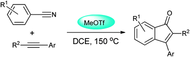 Graphical abstract: MeOTf-induced carboannulation of arylnitriles and aromatic alkynes: a new metal-free strategy to construct indenones