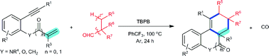 Graphical abstract: Intermolecular oxidative decarbonylative [2 + 2 + 2] carbocyclization of N-(2-ethynylaryl)acrylamides with tertiary and secondary alkyl aldehydes involving C(sp3)–H functionalization