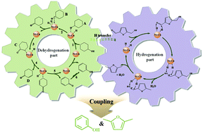 Graphical abstract: Highly efficient synchronized production of phenol and 2,5-dimethylfuran through a bimetallic Ni–Cu catalyzed dehydrogenation–hydrogenation coupling process without any external hydrogen and oxygen supply