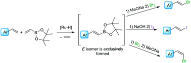 Graphical abstract: A stereoselective synthesis of (E)- or (Z)-β-arylvinyl halides via a borylative coupling/halodeborylation protocol