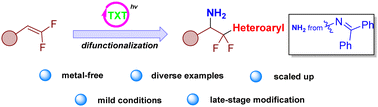 Graphical abstract: Difunctionalization of gem-difluoroalkenes for amination and heteroarylation via metal-free photocatalysis