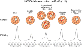Graphical abstract: Chemical process of hydrogen and formic acid on a Pd-deposited Cu(111) surface studied by high-resolution X-ray photoelectron spectroscopy and density functional theory calculations