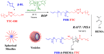 Graphical abstract: Poly(β-hydroxyalkanoate)/polymethacrylate self-assembled architectures by ring-opening polymerization (ROP)/reversible addition–fragmentation chain-transfer (RAFT) polymerization and polymerization-induced self-assembly (PISA)