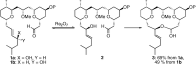 Stereoselective Re2O7-mediated allylic alcohol transposition and capture.