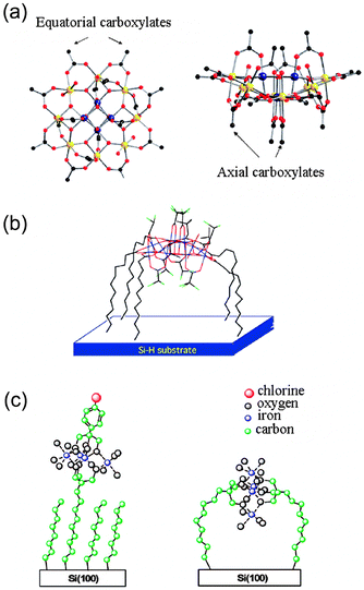 (a) Molecular structure of Mn12, whose axial and equatorial carboxylate groups are indicated. (b) Proposed model for the assembly of Mn12 whose equatorial carboxylates have been selectively exchanged with the carboxylic groups from the pre-functionalized Si(100) surface. (c) Possible orientation of Fe4 SMM linked through one or two surface-bound tripods of pre-functionalized Si surfaces with tripodal receptors. Panels (a) and (b): reprinted with permission from ref. 132. Copyright 2009 The Royal Society of Chemistry. Panel (c): reprinted with permission from ref. 134. Copyright 2008 American Chemical Society.