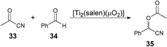 Dual Lewis acid–Lewis base catalysed addition of acetyl cyanide (33) to benzaldehyde (34).