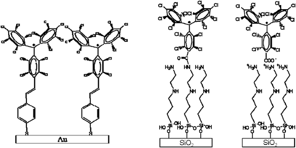 Approaches employed to anchor PTM radical derivatives on surfaces of different nature by chemisorptions, through covalent or electrostatic interaction bonds.