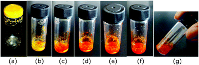 (a) Organogel formed from a solution of G1 in DMF; (b) immediately after addition of solid tetrabutylammonium phosphate salt (1 eqv.); (c) after 1 min; (d) after 3 min; (e) after 5 min; (f) and (g) after 10 min.