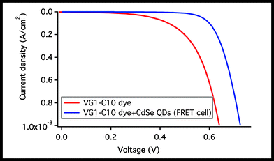 Dark current measurements of the VG1-C10 cell and the VG1-C10 + CdSe QDs cell (FRET cell).