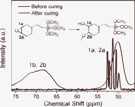 
            13C NMR and solid-state 13C NMR spectra of before and after curing of DBO resin. (Inset molecular structure represents ring opening of epoxy).