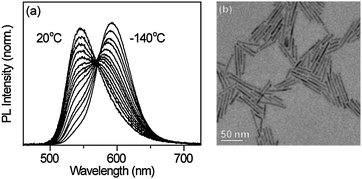 Dual-emitting nanorods. (a) Variable-temperature PL spectra of colloidal Zn0.64Cd0.35Mn0.01Se nanorods, normalized by the total integrated PL intensity. (b) TEM image of the nanorods (∼41 nm long, d ∼ 4 nm). Scale bar = 50 nm.