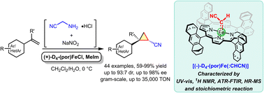 Graphical abstract: Chiral iron porphyrin (+)-D4-(por)FeCl catalyzes highly enantioselective cyclopropanation of alkenes using in situ generated diazoacetonitrile with up to 35 000 product turnover