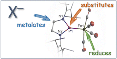 Graphical abstract: Diverse reactivity of a cationic N-heterocyclic phosphenium complex towards anionic substrates – substitution vs. reduction