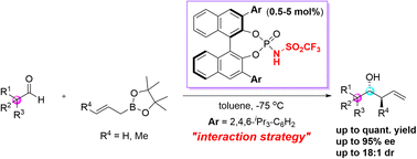 Graphical abstract: Chiral Brønsted acid-catalysed enantioselective allylboration of sterically hindered aldehydes enabled by multiple hydrogen bonding interactions
