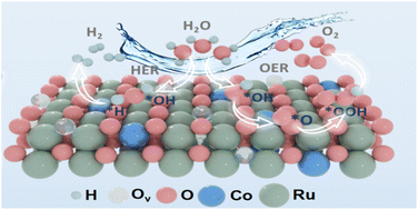 Graphical abstract: Bridged Ov–Ru–O–Co coordination induced by Co2+δ substitution in Co/RuO2 catalysts for enhanced alkaline hydrogen and oxygen evolution reactions