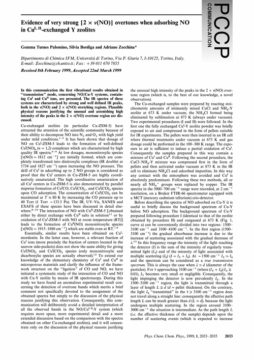 Evidence of very strong [2×ν(NO)] overtones when adsorbing NO in CuI,II-exchanged Y zeolites