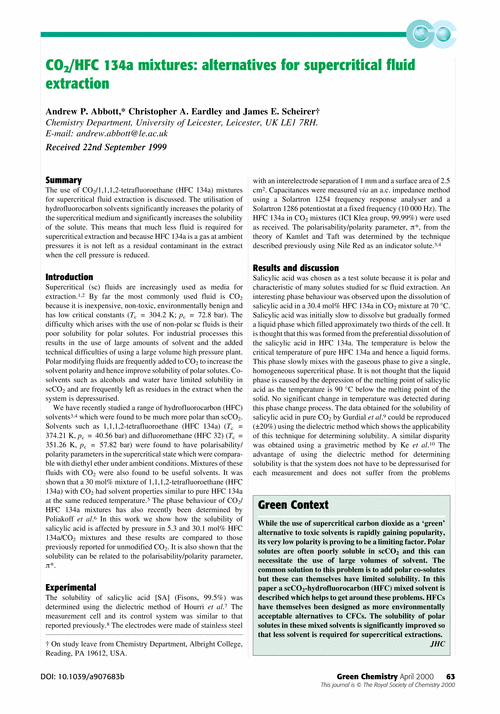 CO/HFC 134a mixtures: alternatives for supercritical fluid extraction