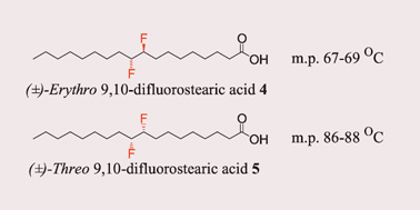 Graphical abstract: The fluorine gauche effect. Langmuir isotherms report the relative conformational stability of (±)-erythro- and (±)-threo-9,10-difluorostearic acids
