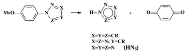 Graphical abstract: First generation of pentazole (HN5, pentazolic acid), the final azole, and a zinc pentazolate salt in solution: A new N-dearylation of 1-(p-methoxyphenyl) pyrazoles, a 2-(p-methoxyphenyl) tetrazole and application of the methodology to 1-(p-methoxyphenyl) pentazole