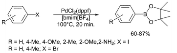 Graphical abstract: Synthesis of arylboronates by the palladium catalysed cross-coupling reaction in ionic liquids