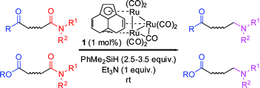 Graphical abstract: Functional group-selective poisoning of molecular catalysts: a ruthenium cluster-catalysed highly amide-selective silane reduction that does not affect ketones or esters