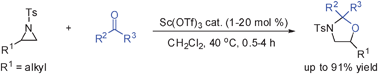 Graphical abstract: Sc(OTf)3-catalyzed condensation of 2-alkyl-N-tosylaziridine with aldehydes or ketones: an efficient synthesis of 5-alkyl-1,3-oxazolidines