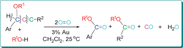 Graphical abstract: Gold-catalyzed oxidative cleavage of aryl-substituted alkynyl ethers using molecular oxygen. Simultaneous degradation of C–H and single and triple carbon–carbon bonds under ambient conditions