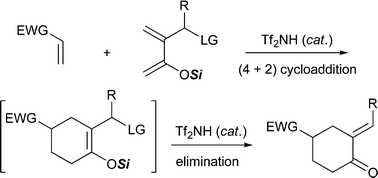 Graphical abstract: Auto-tandem catalysis: facile synthesis of substituted alkylidenecyclohexanones by domino (4+2) cycloaddition–elimination reaction