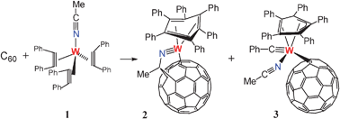 Graphical abstract: C60-induced alkyne–alkyne coupling and alkyne scission reactions of a tungsten tris(diphenylacetylene) complex