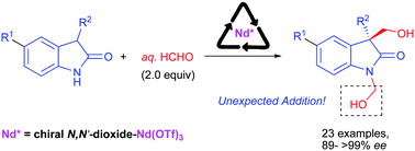 Graphical abstract: Highly enantioselective synthesis of 1,3-bis(hydroxymethyl)-2-oxindoles from unprotected oxindoles and formalin using a chiral NdIII complex