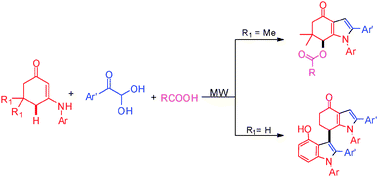 Graphical abstract: A multi-component domino reaction for the direct access to polyfunctionalized indolesvia intermolecular allylic esterification and indolation