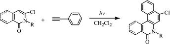 Graphical abstract: One-pot synthesis of benzo[f]quinolin-3-ones and benzo[a]phenanthridein-5-ones by the photoanuulation of 6-chloropyridin-2-ones and 3-chloroisoquinolin-1-ones to phenylacetylene
