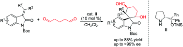 Graphical abstract: Enantioselective construction of multifunctionalized spirocyclohexaneoxindoles through organocatalytic Michael–Aldol cyclization of isatin derived alkenes with linear dialdehydes