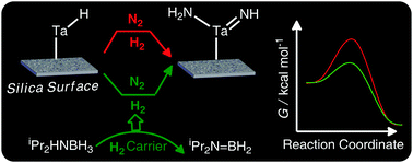 Graphical abstract: Dramatic reduction in the activation barrier for dinitrogen splitting using amine–borane as a hydrogen carrier: insights from the DFT study