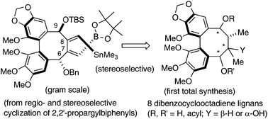 Graphical abstract: Conformation and reactivity in dibenzocyclooctadienes (DBCOD). A general approach to the total synthesis of fully substituted DBCOD lignans via borostannylative cyclization of α,ω-diynes