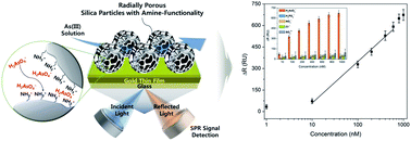 Graphical abstract: Quantification of arsenic(iii) in aqueous media using a novel hybrid platform comprised of radially porous silica particles and a gold thin film