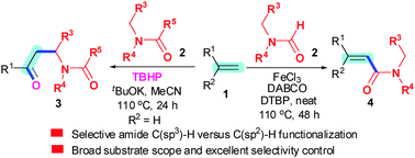 Graphical abstract: Oxidative coupling of alkenes with amides using peroxides: selective amide C(sp3)–H versus C(sp2)–H functionalization