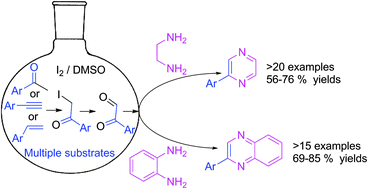 Graphical abstract: Iodine-mediated oxidative annulation for one-pot synthesis of pyrazines and quinoxalines using a multipathway coupled domino strategy