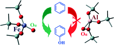 Graphical abstract: A DFT study on direct benzene hydroxylation catalyzed by framework Fe and Al sites in zeolites