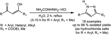 Graphical abstract: “On water” synthesis of N-unsubstituted pyrazoles: semicarbazide hydrochloride as an alternative to hydrazine for preparation of pyrazole-3-carboxylate derivatives and 3,5-disubstituted pyrazoles