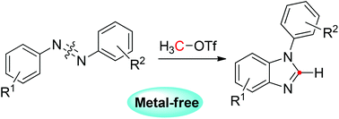 Graphical abstract: Direct cleavage of the N [[double bond, length as m-dash]] N bond of azobenzenes by MeOTf leading to N-arylbenzimidazoles
