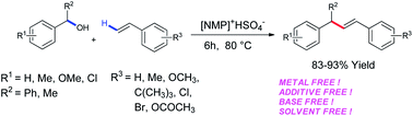 Graphical abstract: Greener approach for the synthesis of substituted alkenes by direct coupling of alcohols with styrenes using recyclable Bronsted acidic [NMP]+HSO4− ionic liquid