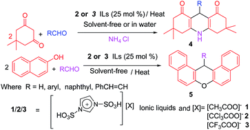 Graphical abstract: Synthesis of dibenzoxanthene and acridine derivatives catalyzed by 1,3-disulfonic acid imidazolium carboxylate ionic liquids