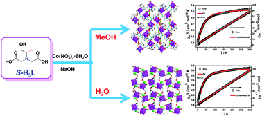 Graphical abstract: Solvent-dependent assemblies, structure diversities and magnetic properties of two homochiral Co(ii)/Na(i) coordination polymers