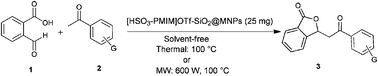 Graphical abstract: 1-Methyl-3-(propyl-3-sulfonic acid)imidazolium triflate supported on magnetic nanoparticles: an efficient and reusable catalyst for synthesis of mono- and bis-isobenzofuran-1(3H)-ones under solvent-free conditions