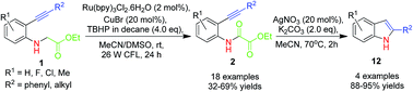 Graphical abstract: TBHP mediated oxidation of N-2-alkynylphenyl α-amino carbonyl compounds to oxalic amides using visible light photoredox catalysis and their application in the synthesis of 2-aryl indoles