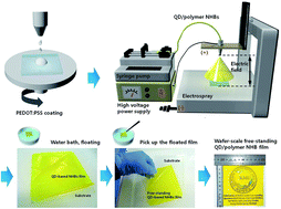 Graphical abstract: Fabrication of wafer-scale free-standing quantum dot/polymer nanohybrid films for white-light-emitting diodes using an electrospray method